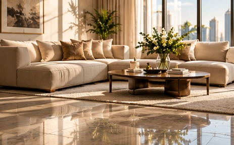 Spacious living room with polished floors and cream sofas