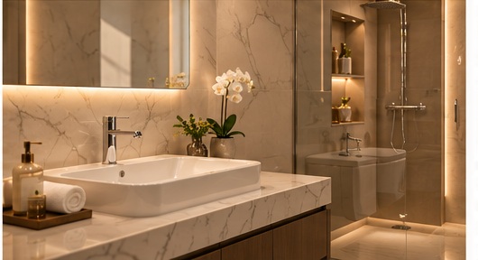 Marble bathroom vanity with candles and soft lighting