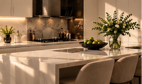 Bright kitchen with marble counters and fresh greenery